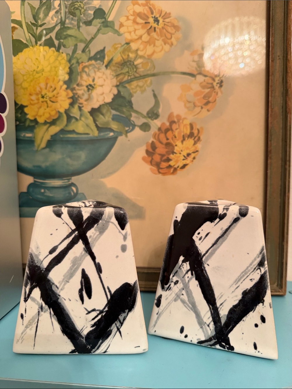 Abstract Black & White Ceramic Accent Pair - Home Accents candleholders